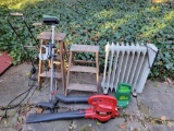 Lawn Equipment, 2 Wooden Step Stools, Luggage Cart, Boat Motor and Radiator Style Electric Heater