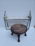 Shabby Chic 2-Tiered Wooden Shelf and Wooden Round Footstool