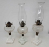 3 Pedestal Oil Lamps with Milk Glass Bases- 2 have Glass Chimneys