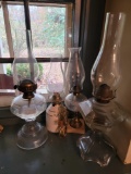 4 Oil Lamps- One with Pottery Base is Electrified, All have Chimneys