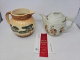 Pottery Pitcher with Trees Motif & Floral Tea Pot with 2nd Prize Ribbon- Philadelphia Flower Show
