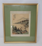 Framed Oriental Painting on Fabric Landscape Scene