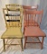 2 Pairs of Painted Chairs- One Set Yellow with Gold/Black Stencil, Others Pink/Salmon Paint