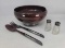 Helen Ware Wooden Bowl with Sterling Base, Matching Sterling Handled Salad Set, Sterling Top Shakers