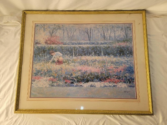 Framed Impressionist Print of Woman in Flower Garden