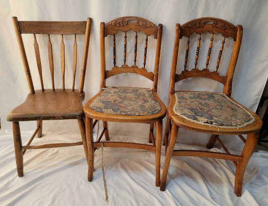 3 Wooden Side Chairs- (1) Arrowback, (2) Half Spindle Back with Acanthus Leaf Carvings