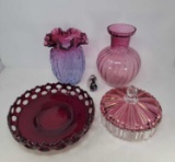 Colored Glass Lot- Cranberry, Ruby Including Lidded Candy Dish, 2 Vases, Center Bowl and Small Egg