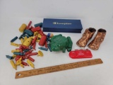 Bronzed Baby Shoes, Frog Door Stop, Money Clicker Quik-Chek, Wooden Building/Game Pieces, Ruler