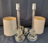 Pair of Glass Table Lamps with Etched Floral Decoration, with Shades