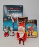 2 Christmas Books, Mechanical Santa Skiier with Box, Santa & Mrs. Claus Shakers