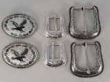 3 Pairs of Buckles- Oval with Eagles, Embossed Silver-Tone and Antiqued Silver-Tone