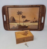 Wooden Tray with Various Inlaid Woods from South America and Wooden Inlaid Box with Africa on Lid