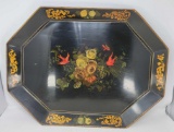 Large Tole Decorated Serving Tray with Floral/Bird Design