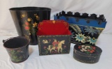 Tole Decorated Items- 2 Open Boxes, Round Lidded Box, Pail and Waste Can
