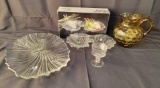 Amber Glass Pitcher, Clear Glass Serving Bowl, Mikasa Seascape Relish with Box and Goblet