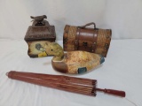 2 Decorative Lidded Boxes- One with Bird Finial, Wooden Parasol and Duck Decoy