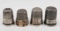 4 Unmarked Silver Thimbles, one with gold-filled base decoration - #6, 8,9,10 - 0.64 ozt total