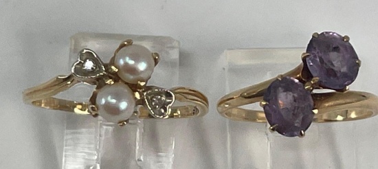 2 Gold Rings - Pearl and Amethyst