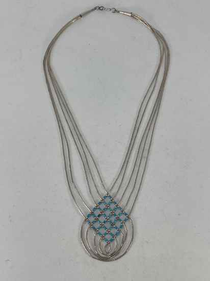 "Liquid Silver" Basket Woven Necklace with Turquoise Beads