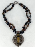 Very Early Ethnic Silver Cat Themed Necklace with Double Strand Beads