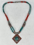 Very Early Silver, Turquoise and Coral Necklace