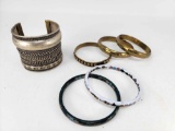 6 Bracelets - 1 Large Silver-tone Cuff, 3 Brass Bangles and 2 Porcelain and Cloisonne Bangles