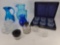 Glassware Lot- 3 Blue Glass Pitchers, Jelly Jar w/ Spoon & Underplate, 2 Lidded Bottles, 2 Salts