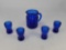 Miniature Cobalt Blue Glass Pitcher and 4 Cups with Garland Design
