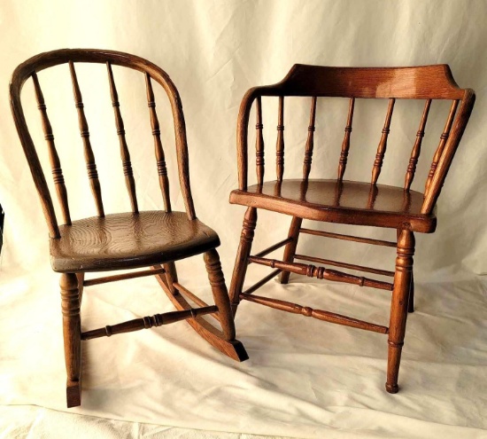 2 Spindle Back Chairs- One with Bent Back Rocker and Captain's Chair