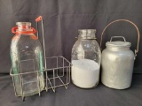 Aluminum Milk Can, Milk Bottle with Wire/Glass Closure and Wire Milk Bottle Carrier with Milk Bottle