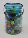 Blue Canning Jar with Marbles, Lid has Glass & Wire Closure