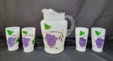 5 Piece Beverage Set- Frosted Pitcher and 4 Tumblers with Hand-Painted Grape Clusters