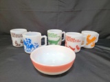 5 Printed Alphabet Milk Glass Mugs and Bowl with Pastel Stripe