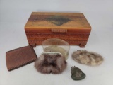 Small Wooden Jewelry Box, Fur Coin Purse & Sweater Clip, Tooled Leather Wallet, Leather Change Purse