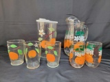 2 Partial Drink Sets- Both with Orange Motif - 1 Painted, 1 Stenciled