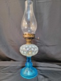 Oil Lamp with Coin Spot Glass Font and Blue Pedestal