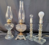 2 Oil Lamps with Clear Bases & Chimneys and Pair of Crystal Lamps, No Shades
