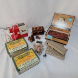 2 Tins of Crayola Crayons, Tru-Vue Projector, Small Wooden Toys. Cigar Box of Toy Coins, Spider Ring