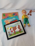 Playskool & Other Puzzles, Plastic Doll in Green Overalls and Native American Shooting Bow & Arrow