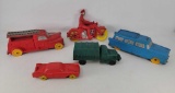 Rubber Vehicles- Motorcycle, Firetruck and Small Red Car are Auburn Rubber Co.