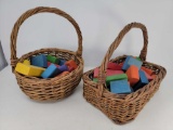 2 Woven Baskets with Wooden Building Blocks