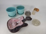 2 McCoy Pottery Planters, Pottery Guitar Ash Tray, Flower Frogs and Atomizer