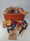 Vintage Toy Lot (not including yellow sticks) in Wooden Box
