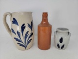 3 Stoneware PIeces- Pitcher with Blue Decoration, Small Crock with Double Handles and Bottle