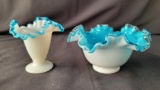 Blue & White Art Glass Ruffled Vase and Bowl