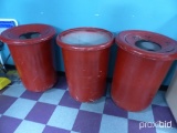 3 red trash cans