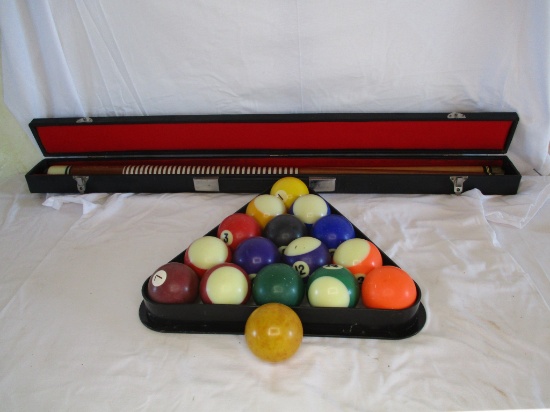 16 Billiard balls, rack, & cue stick in case