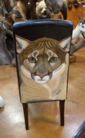 Brand New Leather Covered Chair with beautiful Painting of a Mountain Lion on the Back