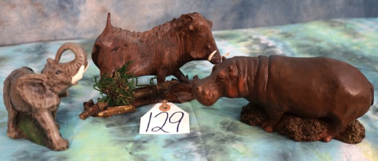 Hippo, Warthog, Resin Elephant, and Carved Wood Statues