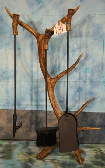 Three Fireplace Utensils Hanging on Stand made from Deer and Elk Antlers